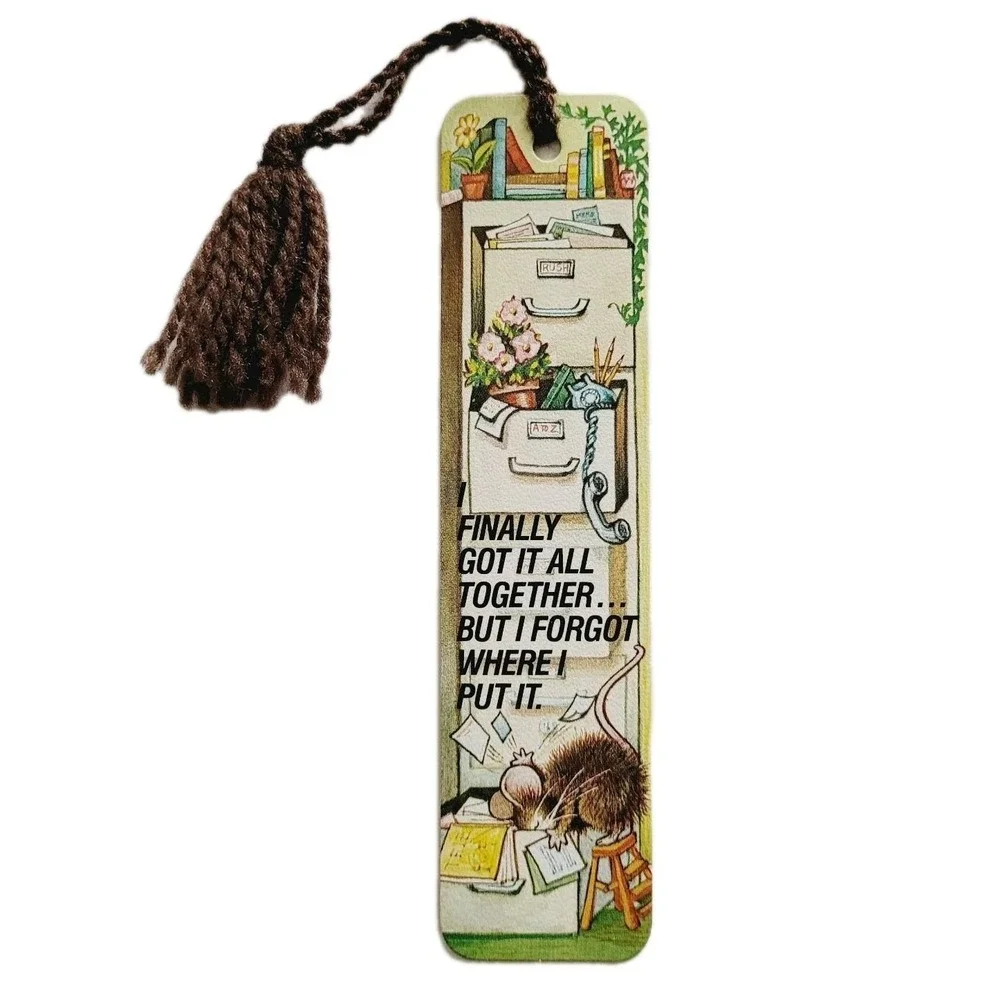 Vintage 70s Office Mouse Bookmark Brown Yarn Tassel 1978 Antioch Bookplate H-225